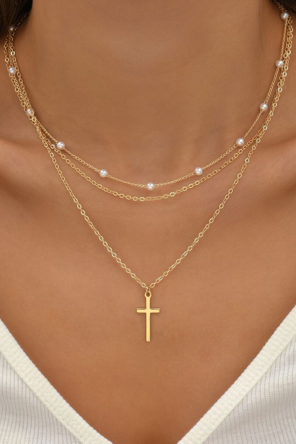 Gold Plated Cross Pendant Pearl Decor Triple Layer Chain Necklace
