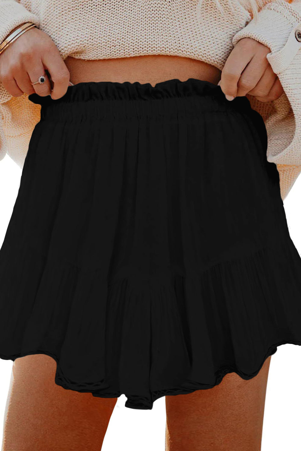 Black Plus Size Frilled Elastic Waist Lace Trim Boho Ruffled Shorts