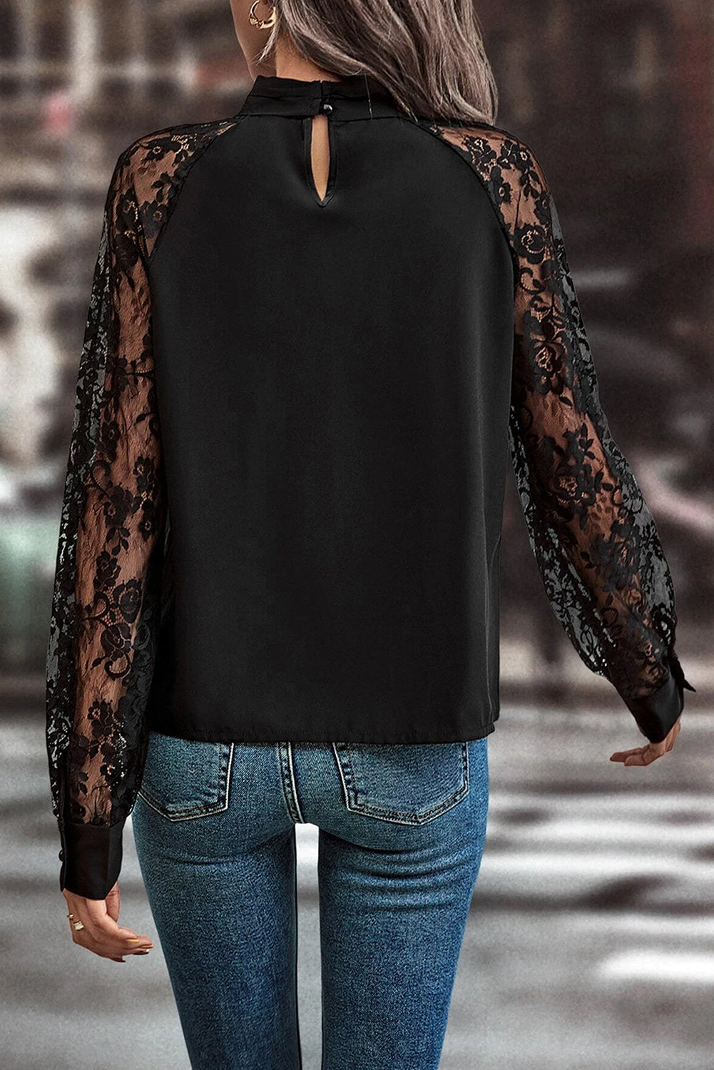 Black Keyhole Lace Blouse